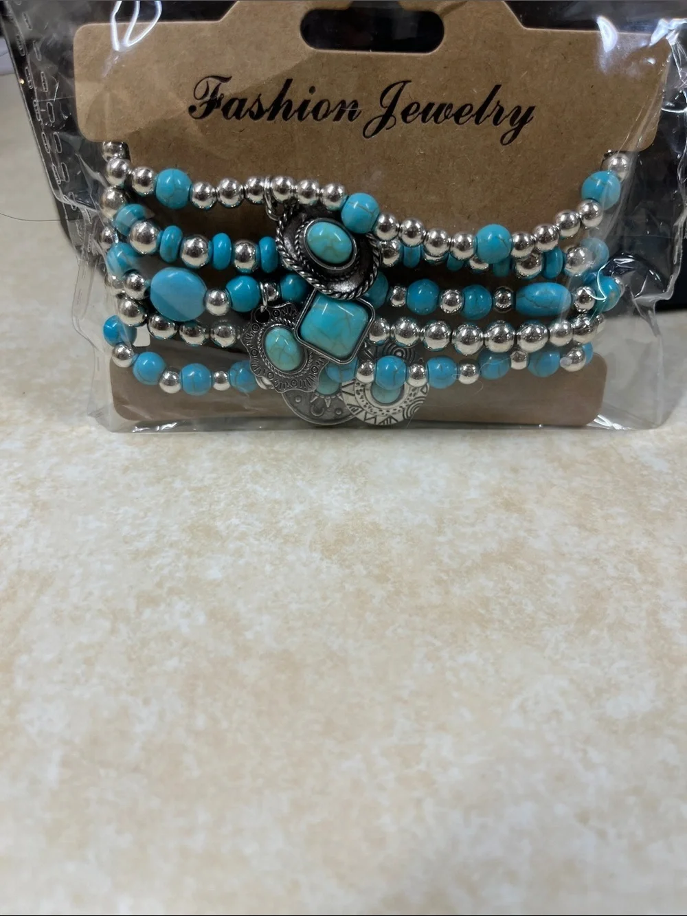 Fashion Jewelry Turquoise and Silver Beaded Multi-Strand Bracelet with Charms
